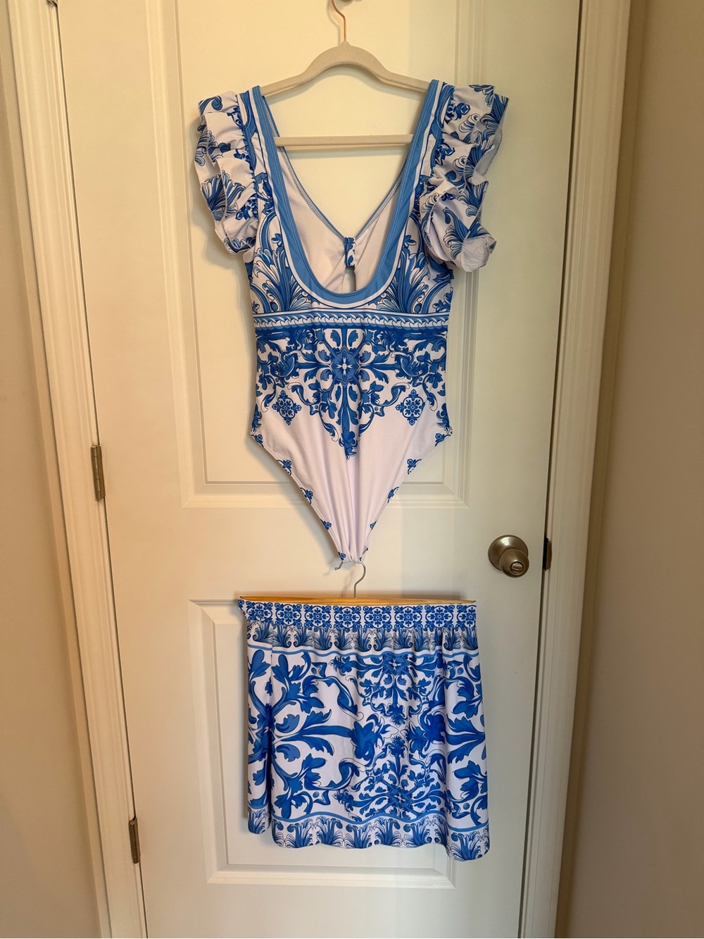Set. Blue and White Floral One-Piece Swimsuit with Matching Skirt - Picture 2 of 6